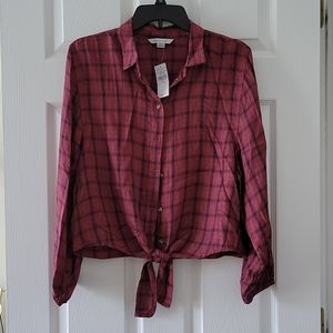 AE Tie Front Plaid Button Down Shirt